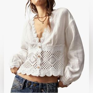 White Crochet Button-Up Blouse